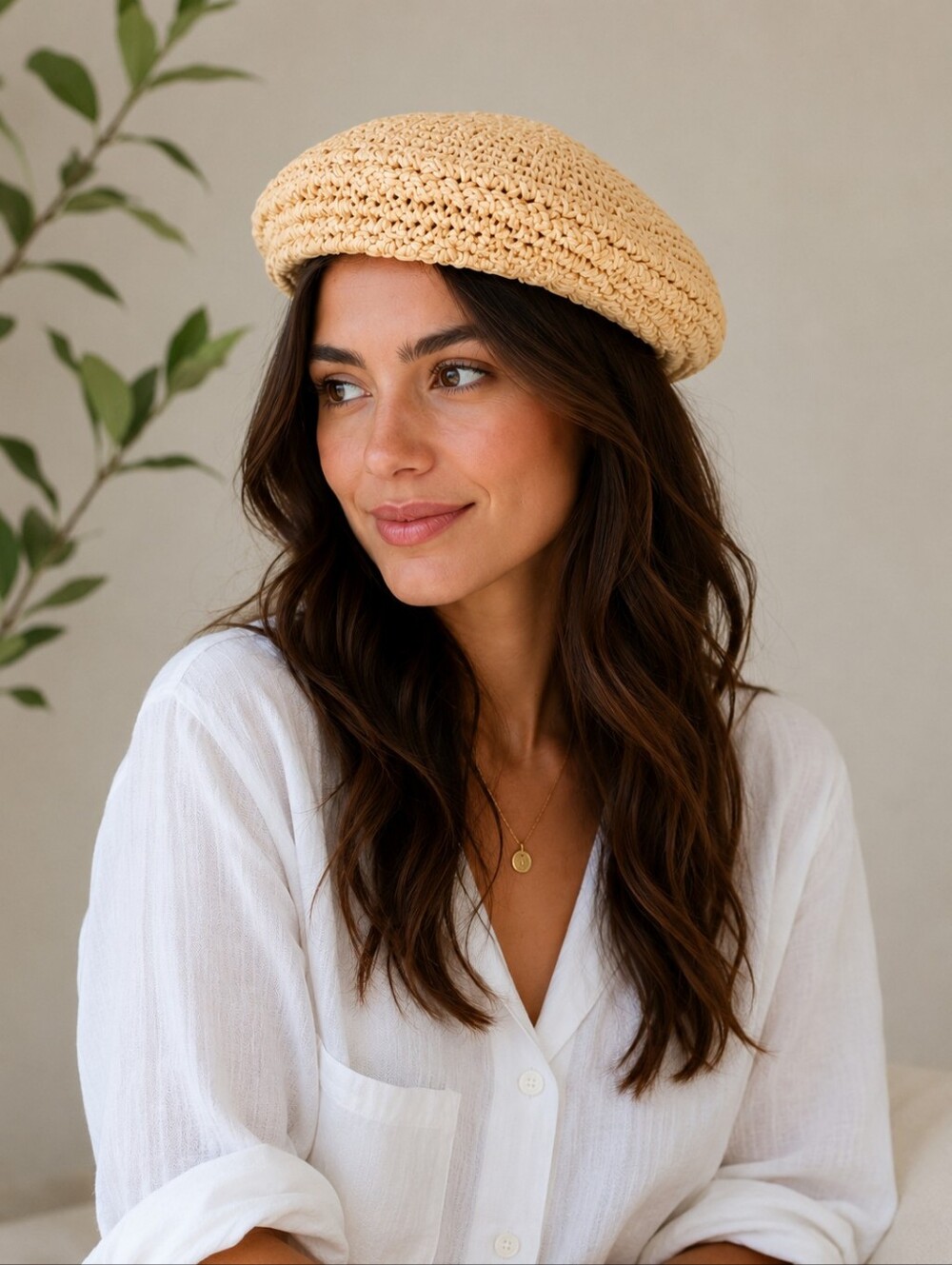 Anthropologie Crochet Beret in Light Beige
